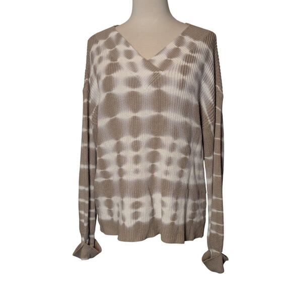 New Directions Women's Large Sweater Tan & White Tie Dyed V-Neck Long Sleeve - Picture 1 of 7